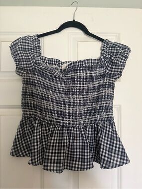 Gingham Smocked Peplum Crop Top - Black/White